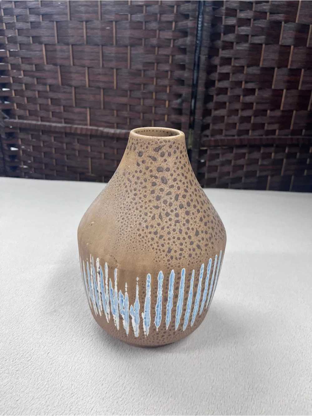Crate&Barrel Brown Ceramic Vase with Blue Drip Detail